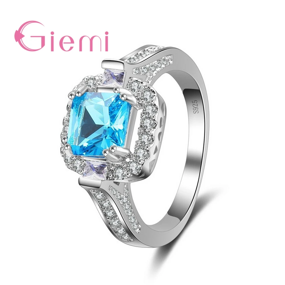 

Party Beautiful Girls Party Ring 925 Sterling Silver Fashion Jewelry With Lake Blue Square Cut Cubic Zirconia Wholesale