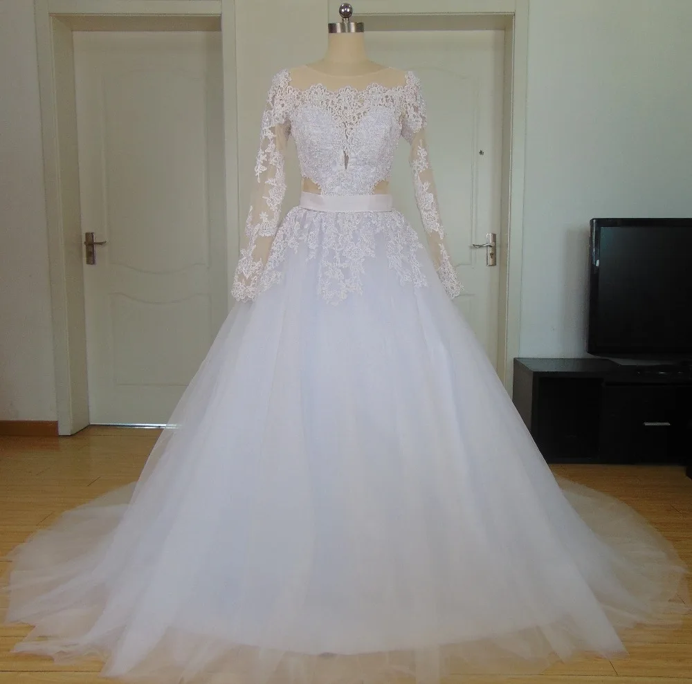 Настоящее Vestido де Noiva Длинным Рукавом Robe de Mariage Sexy вернуться Кружева Аппликации