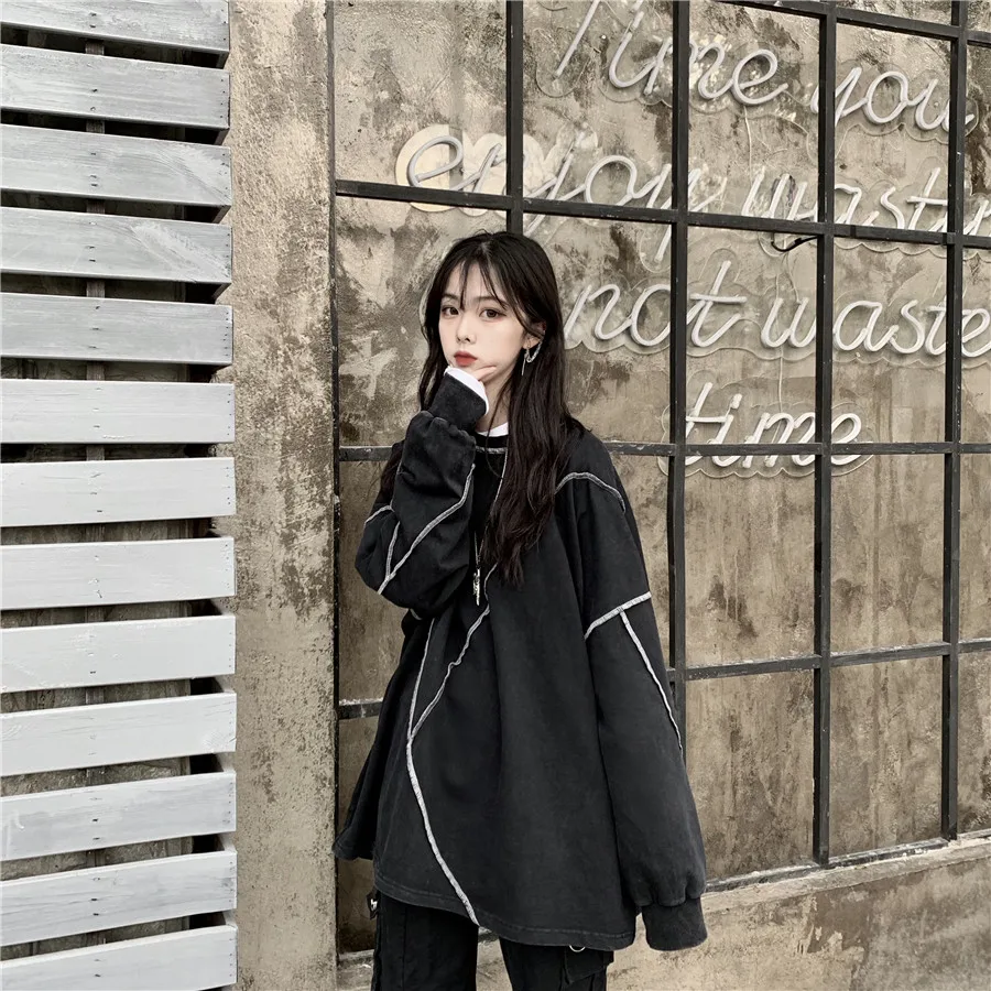 Корейский Ulzzang Твердые негабаритных толстовки для женщин Harajuku Kpop одежда Японская уличная одежда с длинным рукавом друзья Толстовка черный