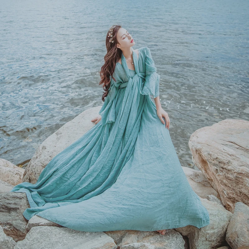 Женские винтажные литературный синий повязки хлопок лен высокой талии платье