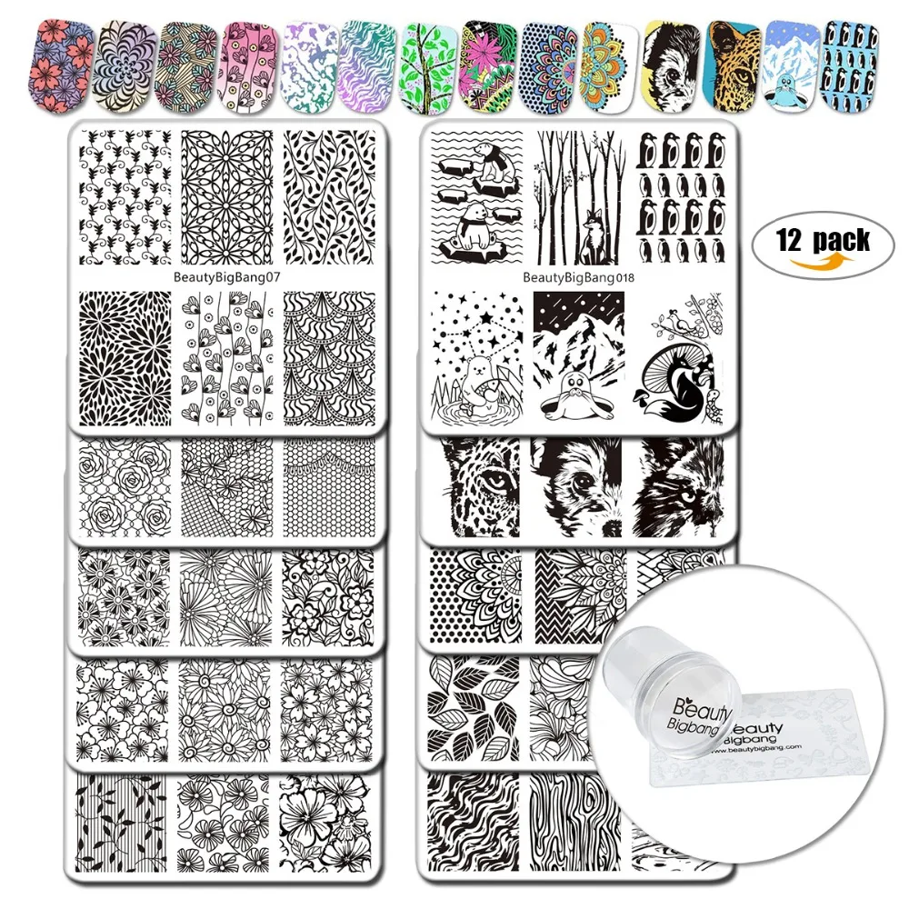 

BeautyBigBang 12 шт. набор для дизайна ногтей пластины для стемпинга 10*6 изображений штамп для ногтей из нержавеющей стали шаблон штамп шаблон carimbo de...