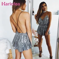 karlofea new sequin strap playsuit v neck sexy club party rompers sleeveless backless 2018 silver summer birthday short jumpsuit