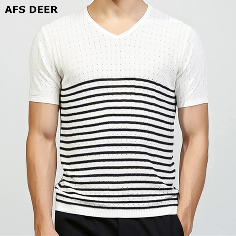 Мужская приталенная футболка с V образным вырезом в полоску|brand tshirt|tshirt brandmen tops |