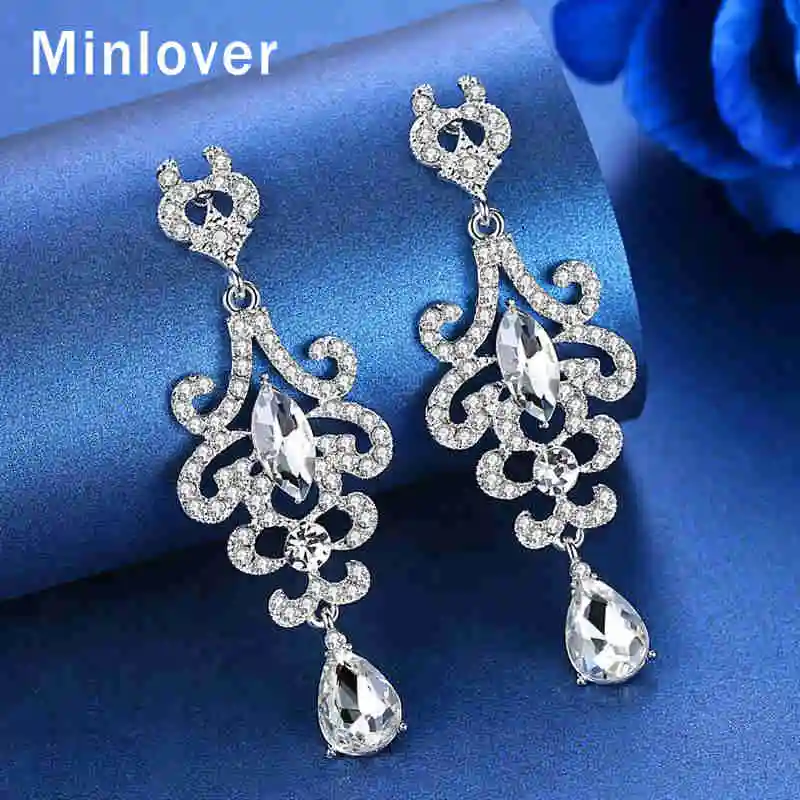 Minlover Стразы Серебряный цвет люстра свадебные серьги-капли для женщин Свадебные