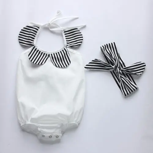 3pcs New Kids Baby Girl clothes strap sleeveless striped Romper+Striped Shorts+headband Outfits Set | Мать и ребенок