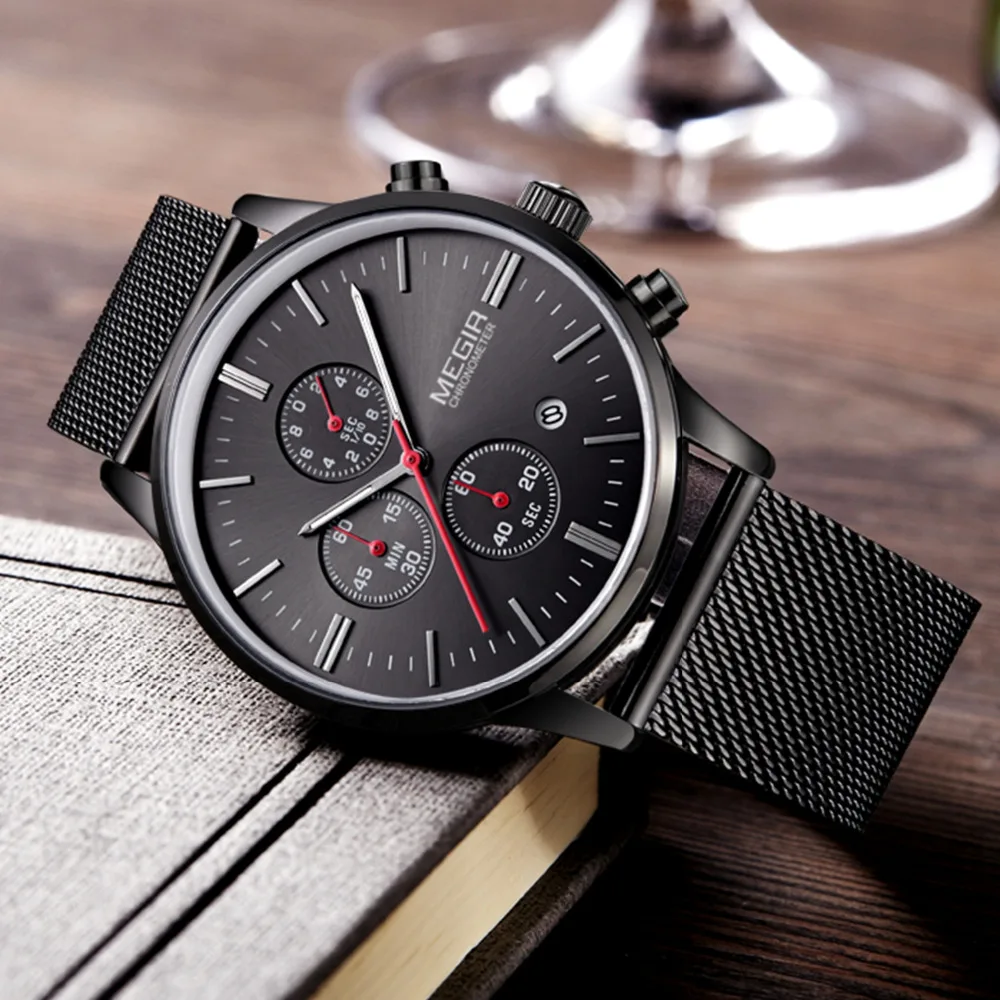 Megir золото серебро черный сетчатым Для мужчин Нержавеющая сталь Montre Homme мужской