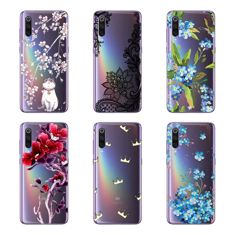 Xiaomi Mi 9 Case Silicon Black Painting Flower Soft TPU Back Cover for SE Protect Phone Cases Shell |
