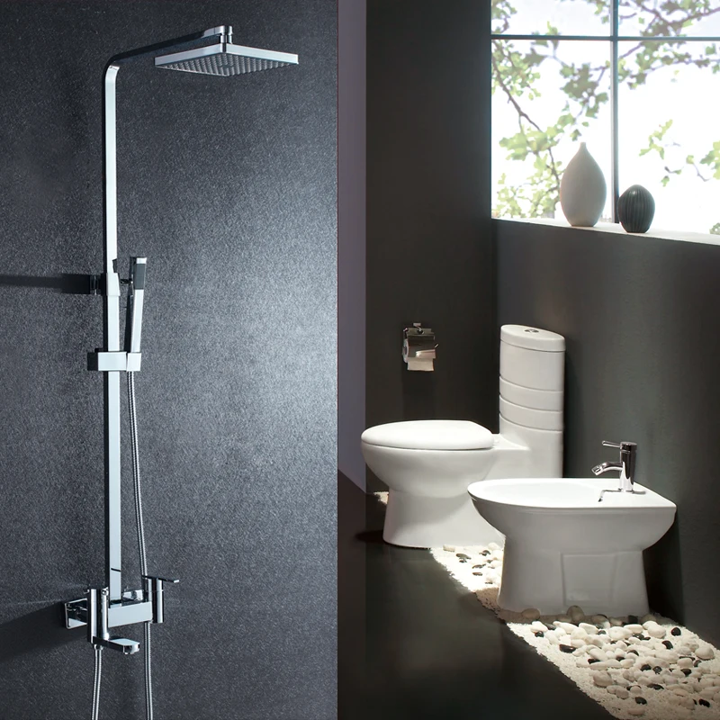 

chrome bathroom shower set wall mounted cold and hot faucet Square shower Lifting rod brass