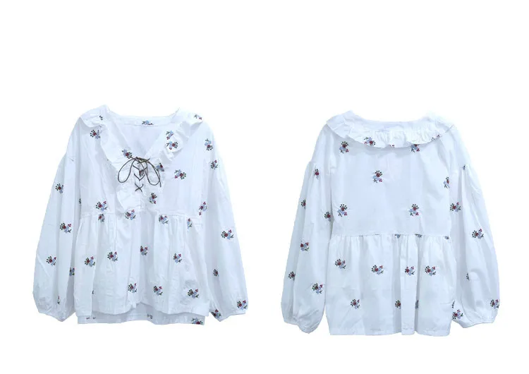

embroidery floral v-neck shirts oversize Women's Clothing Blouses Korean spring summer puff sleeve Bandage tops woman new