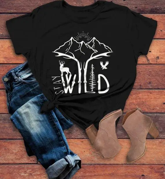 Футболка женская винтажная хлопковая с надписью STAY WILD|Футболки| |