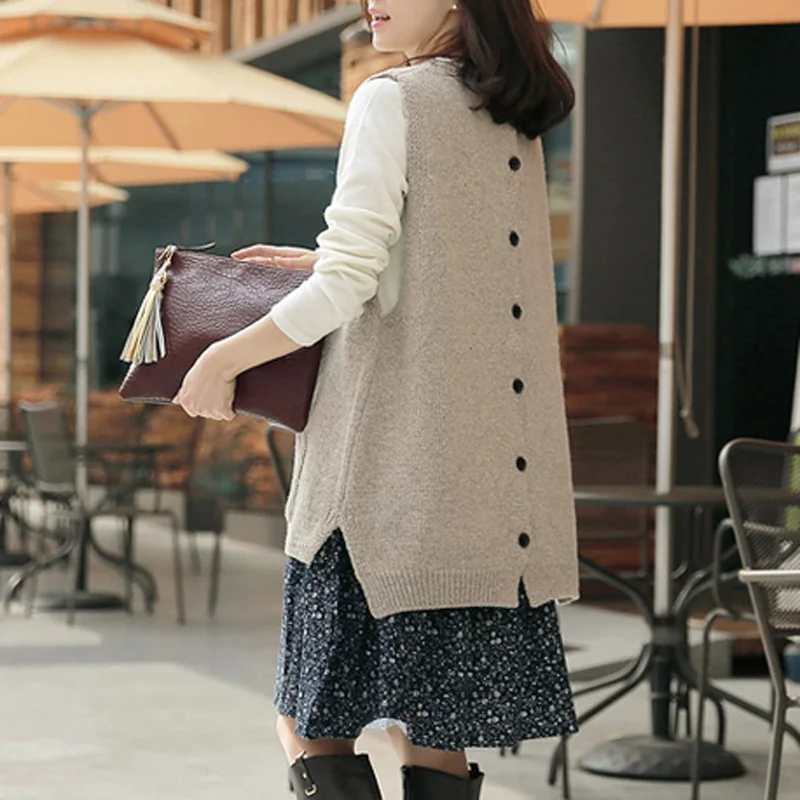 Knitted Vest Women Casual Round Neck Sleeveless Sweater Loose Knitwear With Back Button Pockets Outwear Female Oversize Pullover | Женская