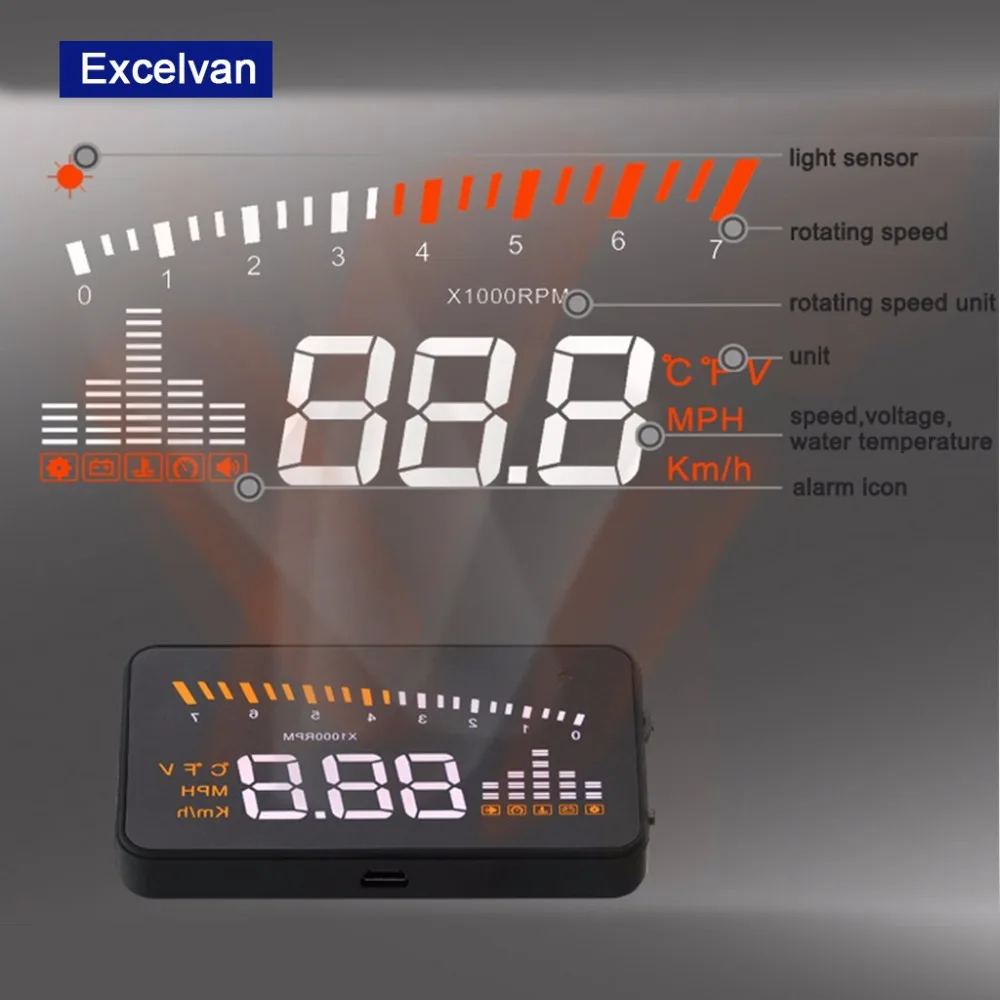 Excelvan X5 HUD Дисплей Универсальный 3 дюймов авто Overspeed Предупреждение лобовое стекло