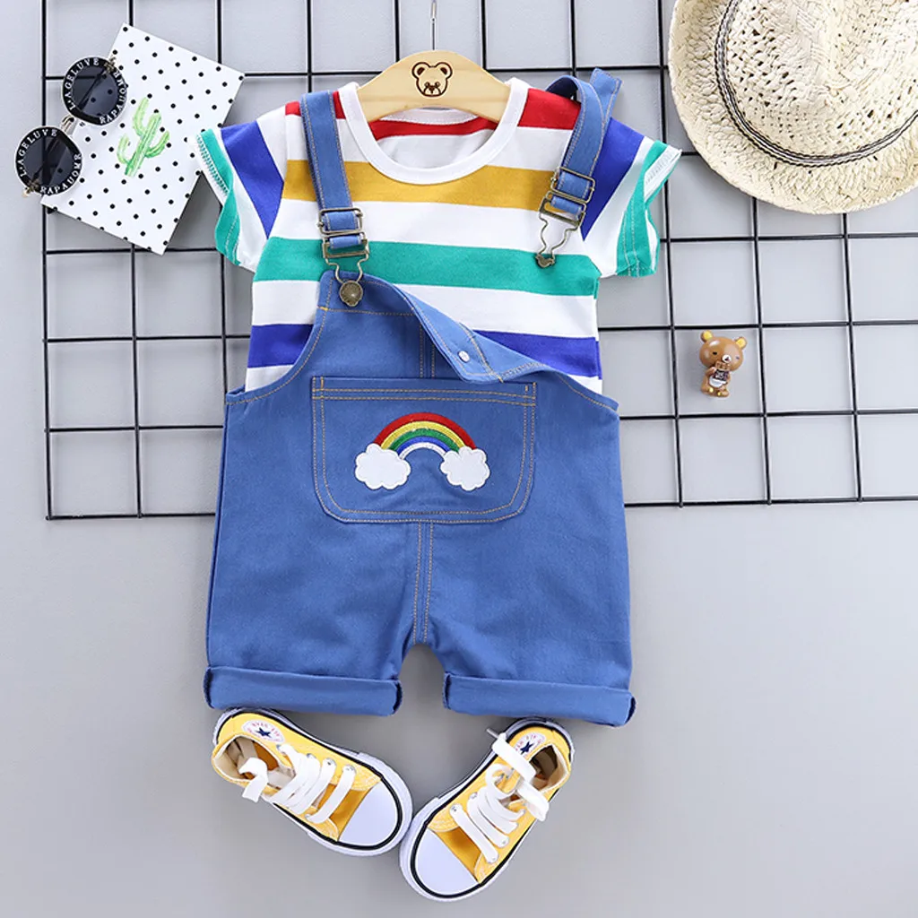 Baby Boy Clothes Kids Rainbow Stripe Tops T-shirt Straps Short Outfits Set Spring Summer For 0-3 Year |