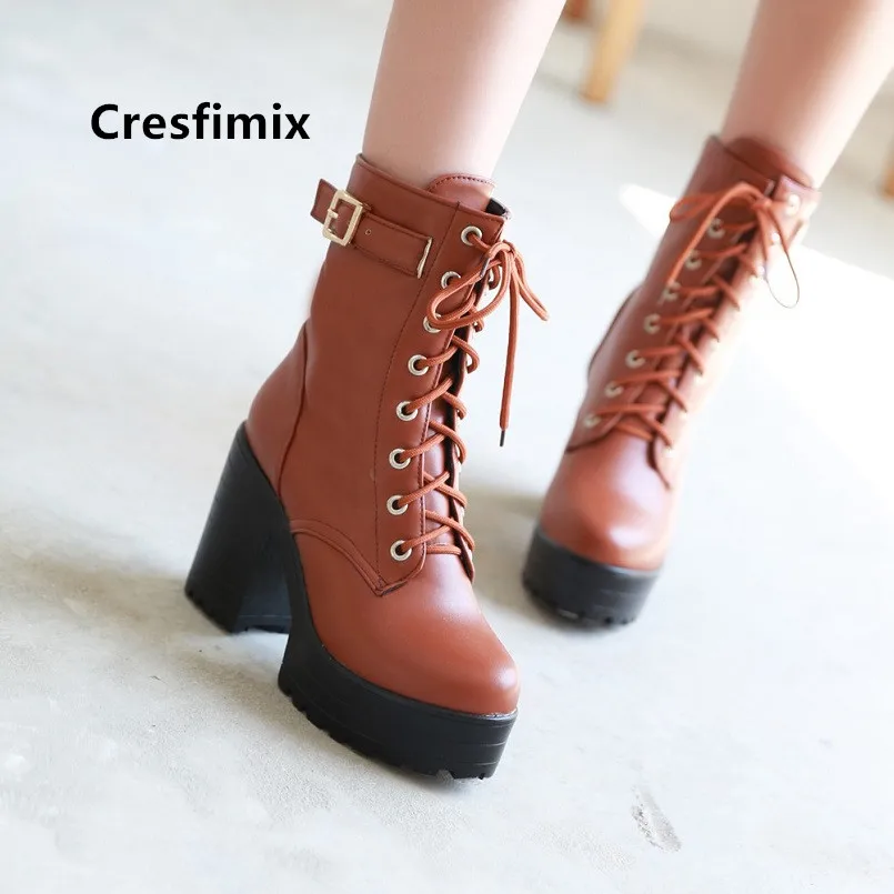 Женские ботинки Cresfimix Bottes Femmes черные удобные из искусственной кожи на шнурках