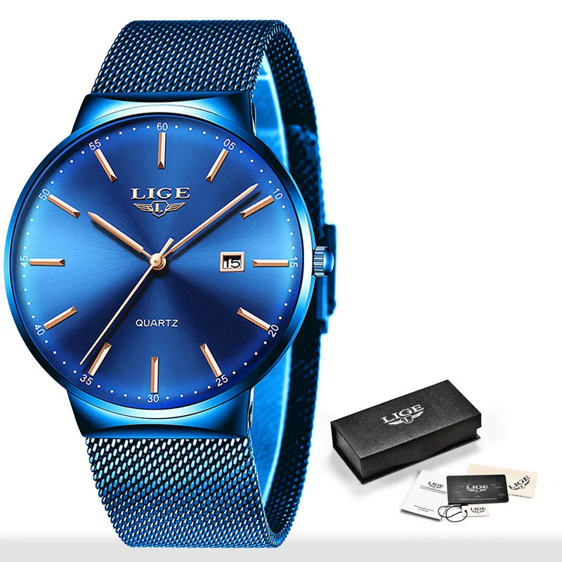 Full blue LIGE, женские часы, Лидирующий бренд, Роскошные Аналоговые кварцевые часы, женские полностью синие сетчатые часы из нержавеющей стали с датой, модные ультратонкие часы с циферблатом - Цвет: Full blue