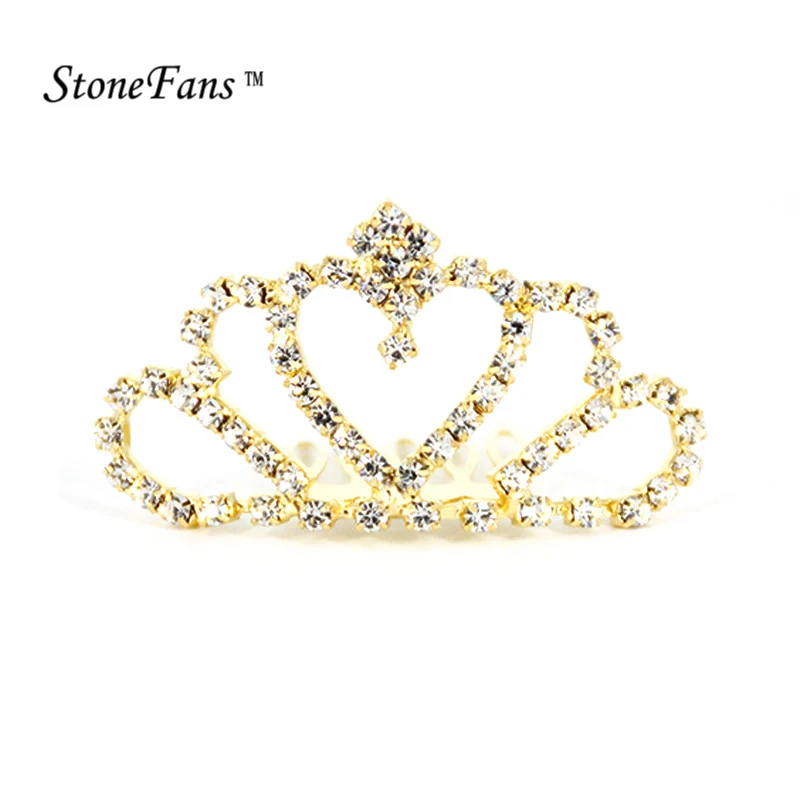 Stonefans сердце принцессы волос корона для Для женщин конкурс Золотая Украшенные стразами Малый Свадебный гребень для волос ювелирные изделия милый тиара
