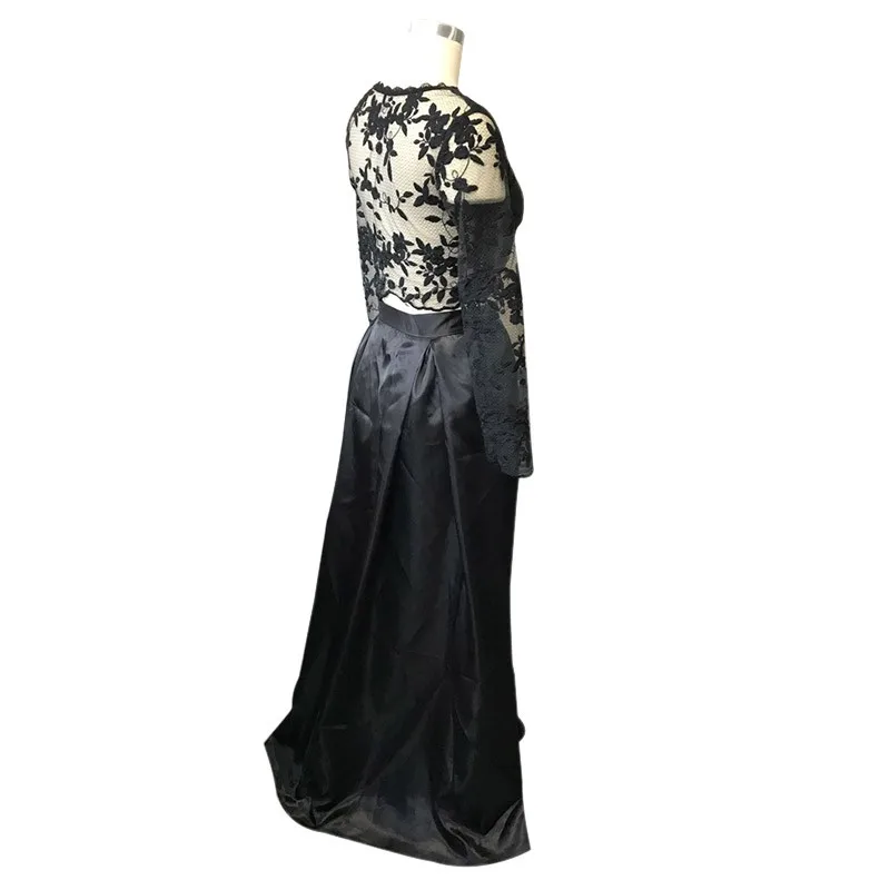 Черное кружевное платье с цветочным узором и круглым вырезом вечерние платья