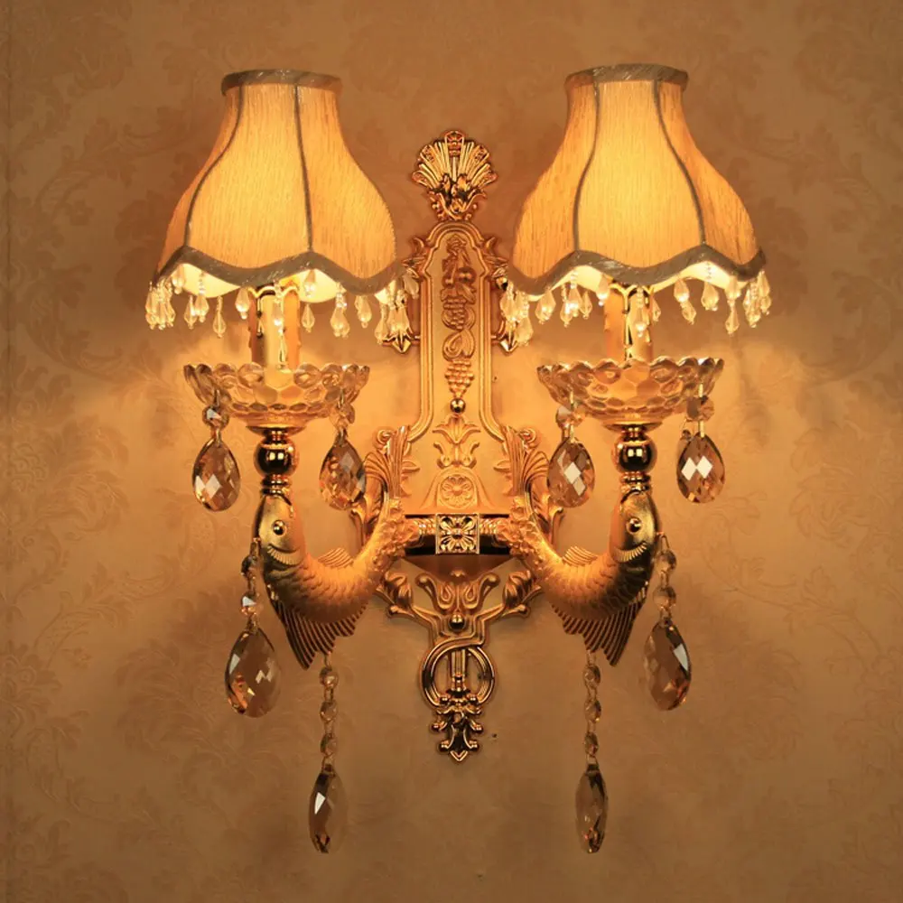 Crystal Corridor Wall Lights European Golden Carved Alloy Fish Bedroom Bedsides Sconces Candle Style Living Room Light | Лампы и