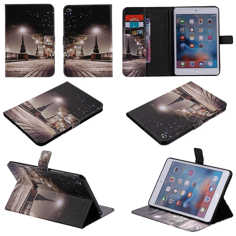 Cartoon Painted Flip PU Leather Case For Apple iPad Mini 4 Cover Magnetic smart Card Slots wallet Protective Shell Capa Shield | Компьютеры