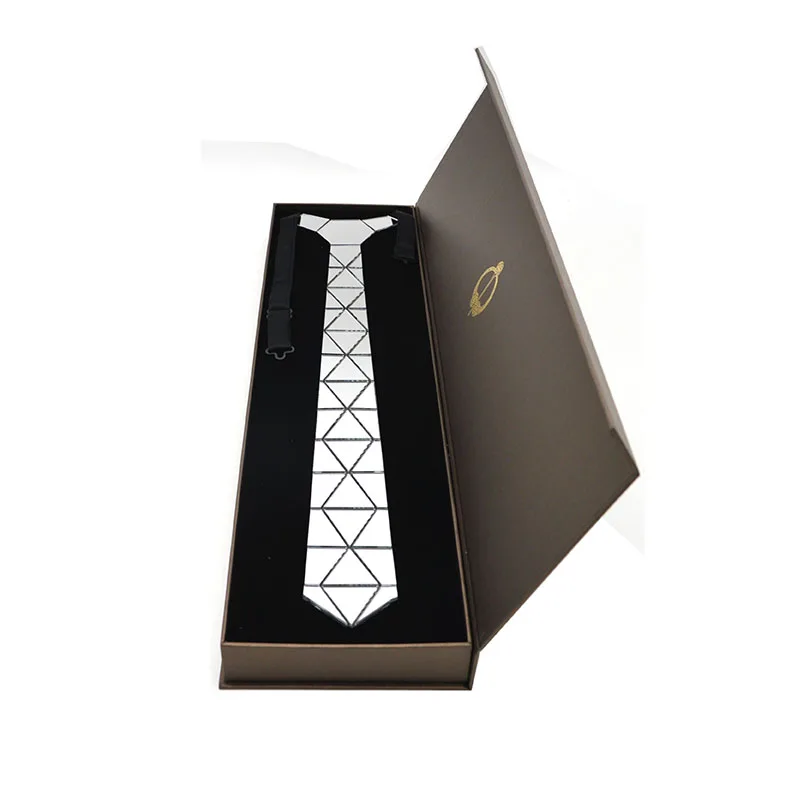 Фото Handmade Glossy Silver Diamond Shape Acrylic Necktie Tie Gift Box Silver Mirror Slim Fashion Necktie Formal Suits Tie Wedding №5
