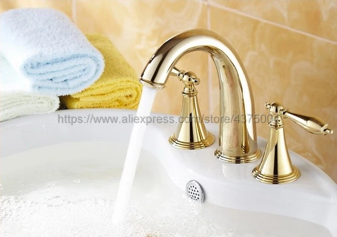 Смесители для умывальника полированная Золотая латунь 3 отверстия кран раковины