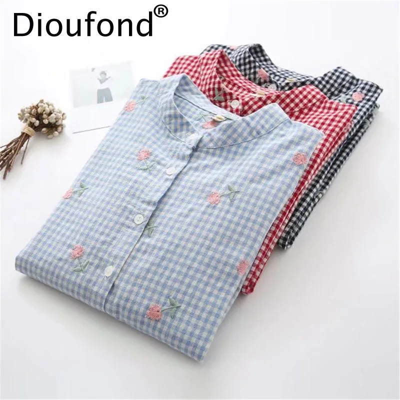 Женская клетчатая рубашка Dioufond Повседневная Блузка в клетку с отложным