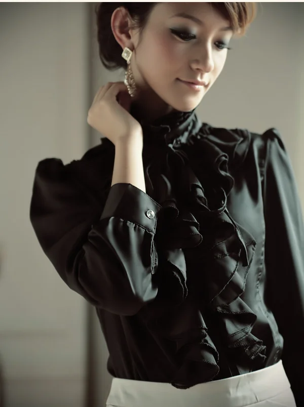 Женская атласная блузка Элегантная классическая приталенная с бантом оборками и