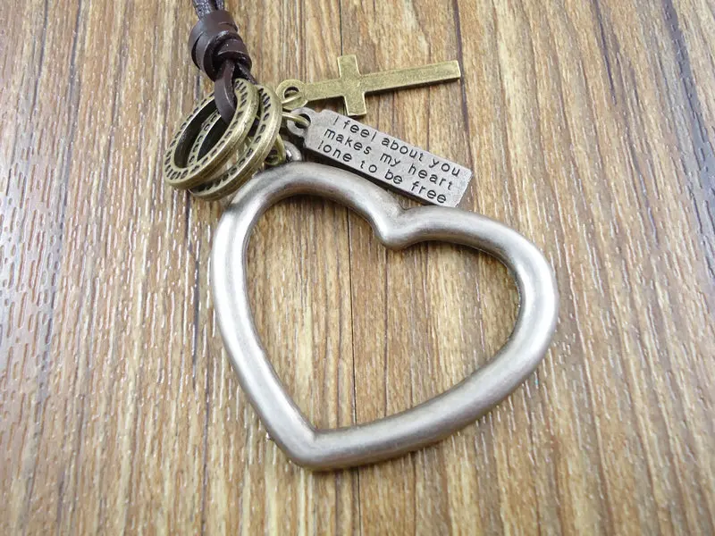 2015 модное винтажное ожерелье из натуральной кожи с сердечком и подвеской для