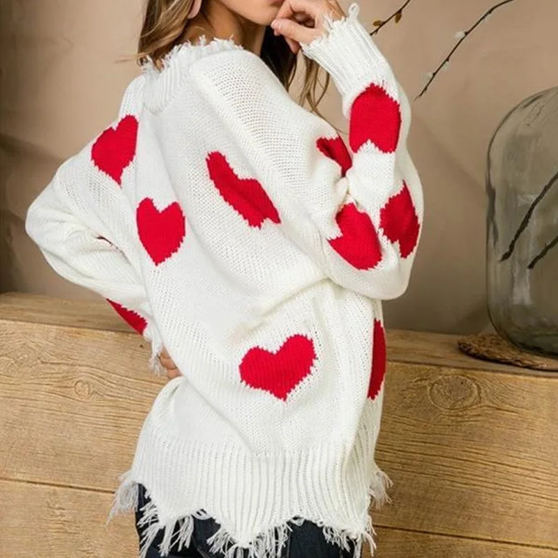 2019 Autumn Heart Sweaters Pullovers Sexy V Neck Tassels Knitwear Casual Loose Oversized Jumper Femme Cozy Pull Hiver | Женская одежда