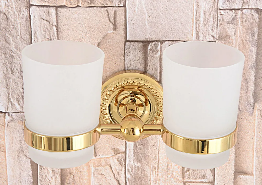 

Wall Mounted Luxury Gold Color Brass Bathroom Toothbrush Holder Set Bathroom Accessory Dual Glass Cup mba598