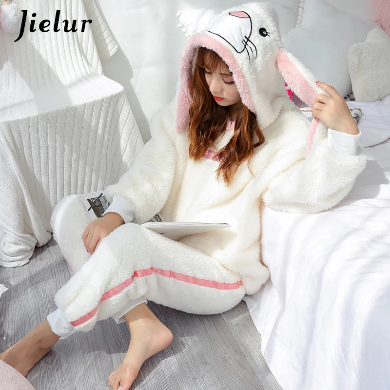 Jielur пижамы для девочек женщин мультфильм Kawaii осень теплый коралловый бархат Homesuit
