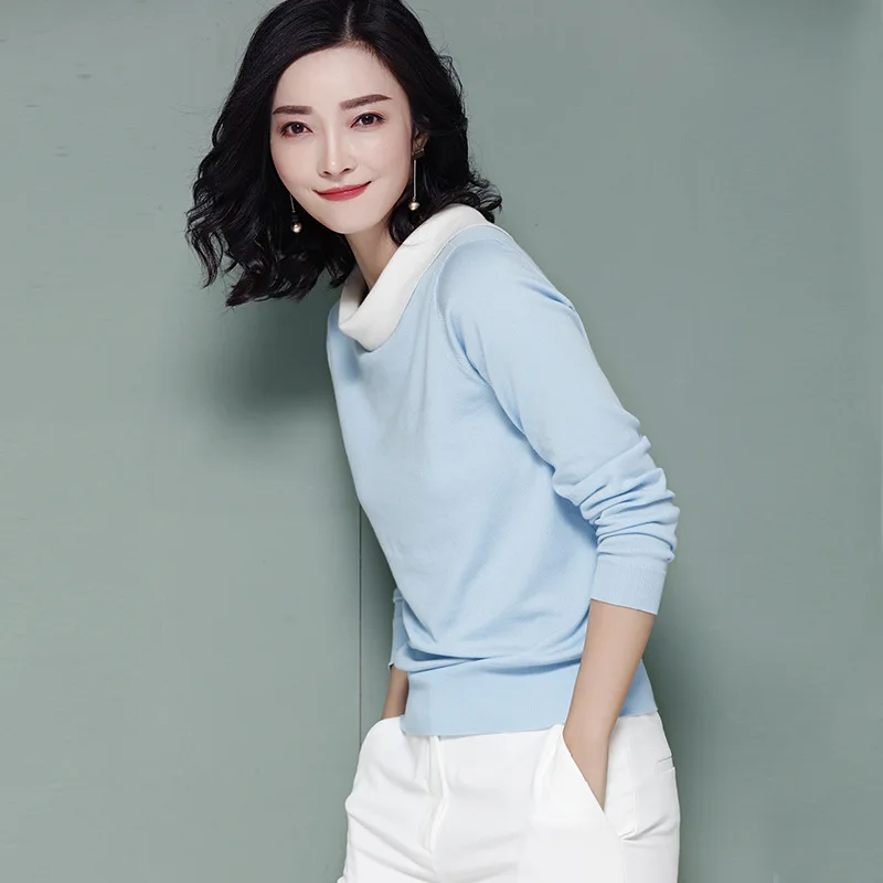 Suvance Autumn Winter V Neck Contrast Color Long Sleeves Slim Knitted Pullovers Sweaters | Женская одежда