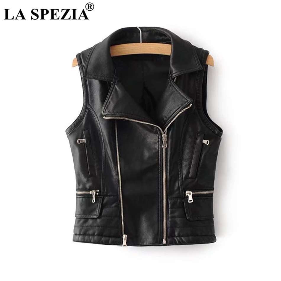 black vest LA SPEZIA черный жилет женский Байкер Панк-жилет женский карманы на молнии искусственная кожа Тонкий облегающий мотоциклетный осенний жакет без рукавов - Цвет: black vest