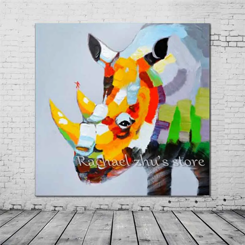 

New Hand Painted Abstract Cartoon Rhinoceros Oil Paintings On Canvas Rhinoceros Wall Art Picture Children's Room Home Wall Decor