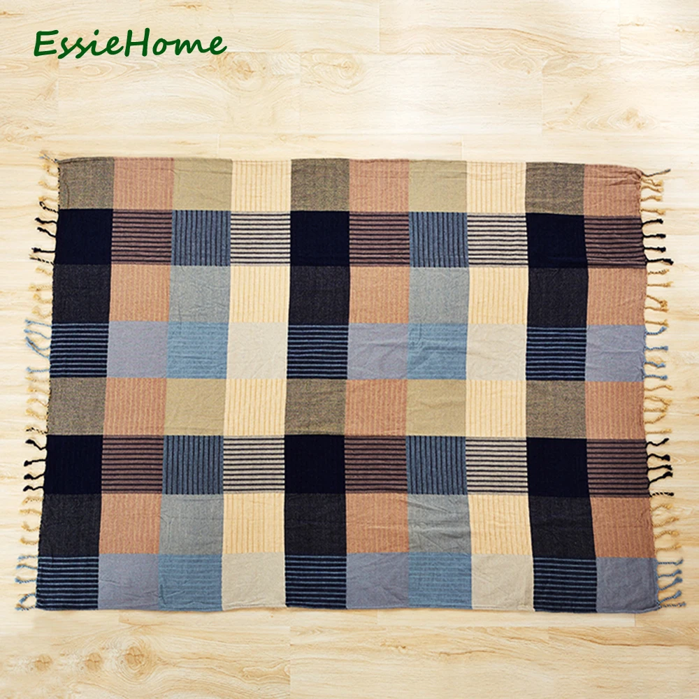 ESSIE домашний диван с кисточками одеяло синель в клетку синий бежевый богемный