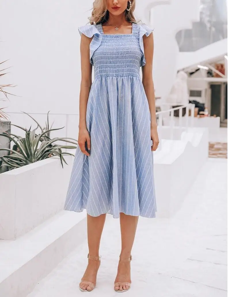 Vintage striped women long dress Ruffle linen blue elegant summer 2019 Casual cotton fashion female beach vestidos | Женская одежда