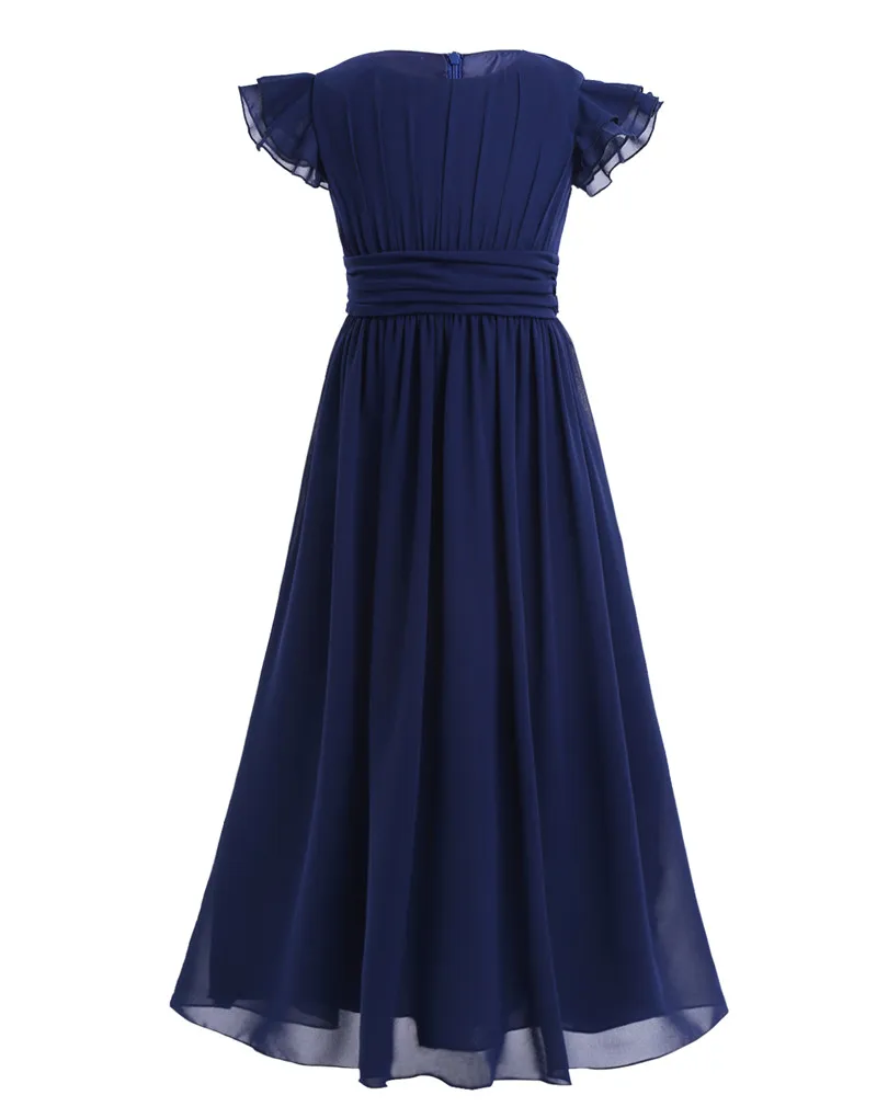 Navy Blue Шифоновое платье принцессы с цветочным рисунком для маленьких девочек; детское платье; Vestidos; Модное Элегантное Длинное платье с рукавами-крылышками для свадебной вечеринки - Цвет: Navy Blue