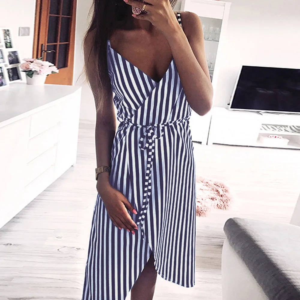 2019 Summer Dress Women Sashes Striped Sleeveless Off Shoulder V-Neck Evening Party Feminine Beach Sundress Vestidos | Женская одежда
