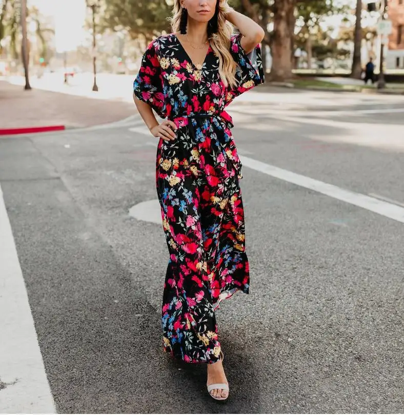 Женское пляжное платье JOYINPARTY длинное макси с коротким рукавом и цветочным