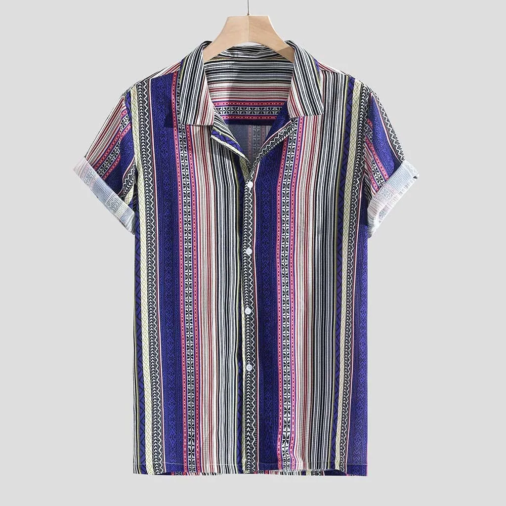 Blouse Shirt Men Rainbow Striped Hawaiian Holiday Short Sleeve Summer Casual Harajuku Top Camisa Hombre Street Clothes 19Je