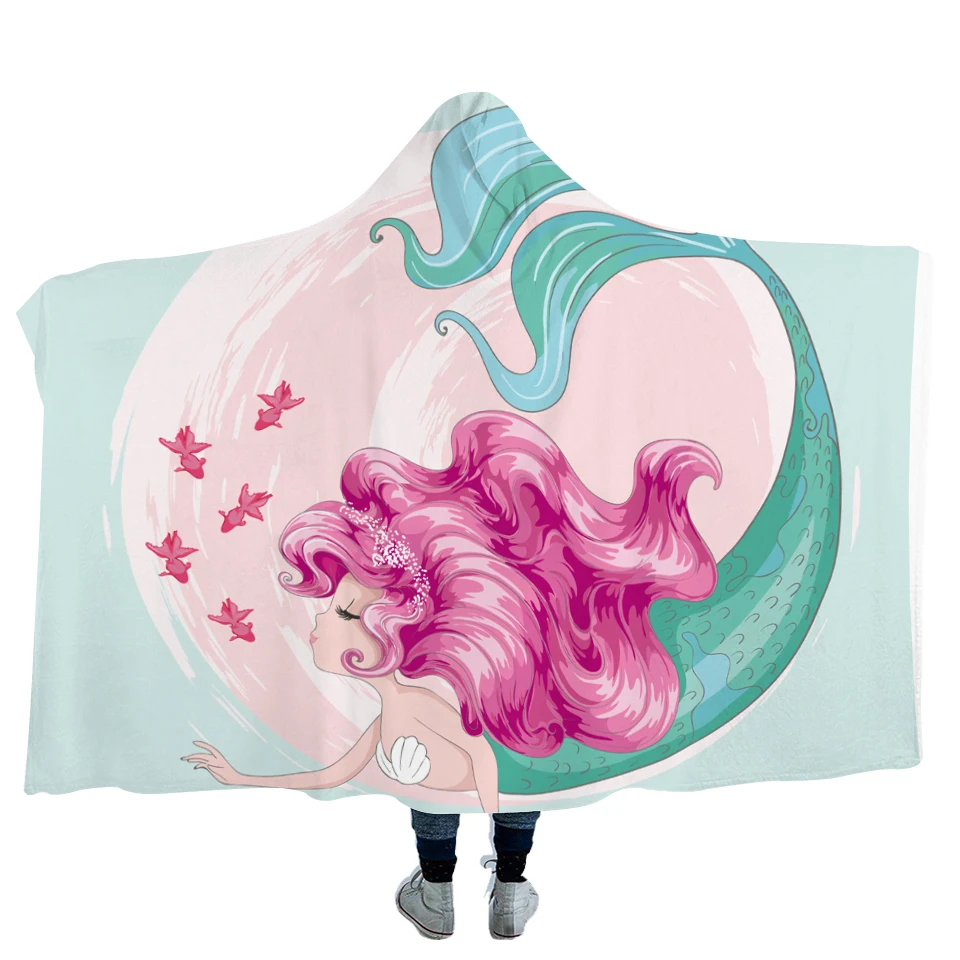GRIDILANGO Custom Cartoon Pink Mermaid Microfiber Hooded Blanket for Kids Adults Girls Sherpa Fleece Wearable Blankets 150x200 | Дом и сад