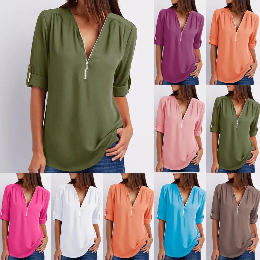 

SAGACE new womens tops and blouses 5xl Women Shirt Ladies Zipper Button Long Sleeves Loose Chiffon Shirt Casual Tops Summer hot
