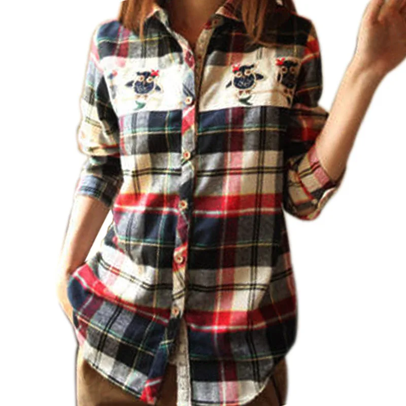 Для женщин плед печати Рубашки 2017 Демисезонный дамы Повседневное Блузки для