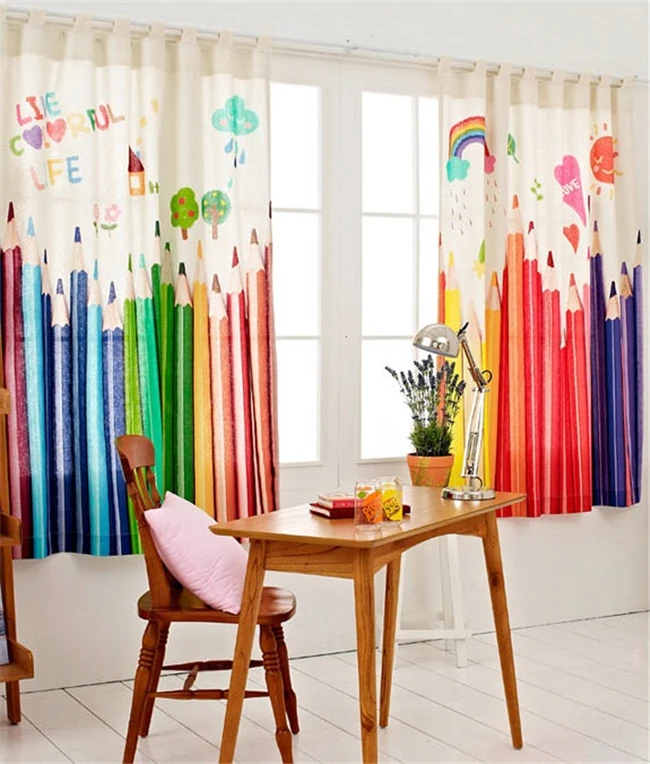 Fashion Pencil Rawbow Sun Printing Cartoon style cotton linen curtain window curtains for children's room kid bedroom decoration