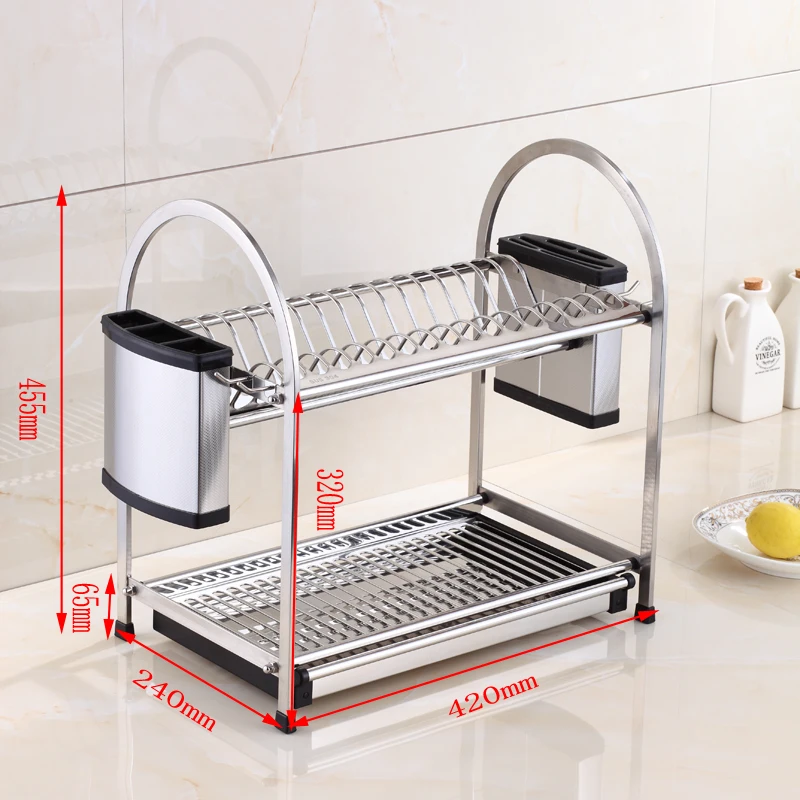 

Deck Standing 2-Tier Dish Rack Holder Stainless Steel Drying Drainer Dish Cutlery Cup Rack Kitchen Organizer For Kitchen