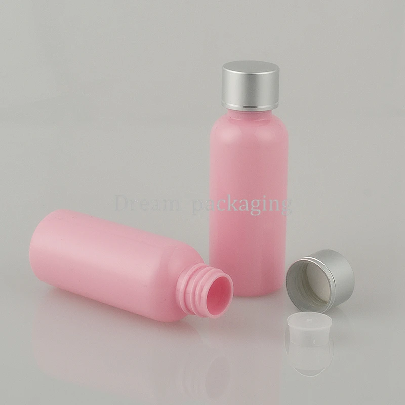 

50Pcs/Lot 50ml Pink Plastic Essential Oil Bottle With matte silver aluminum screw cap. Toner Cosmetics Container