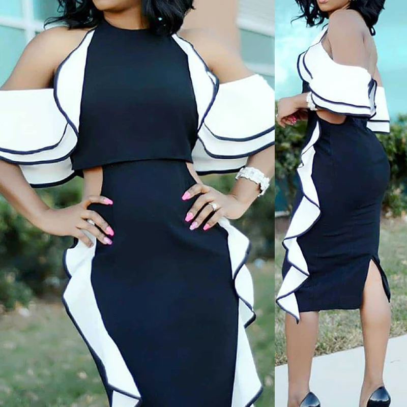 

Woman Pencil Midi Dresses Cold Shoulder Halter Ruffles Elegant Dresses for Work Party Banquet Dresses Bodycon Clubwear Vestidos