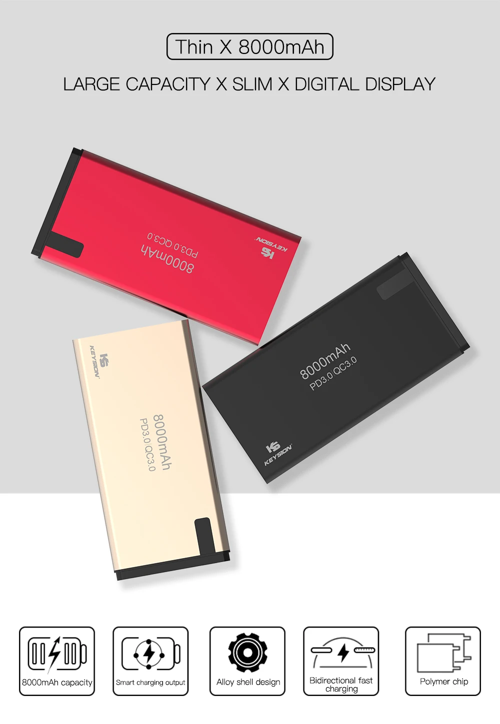 KEYSION 8000 мАч Внешний аккумулятор для iPhone samsung huawei type C PD Быстрая зарядка+ быстрая зарядка 3,0 USB внешний аккумулятор