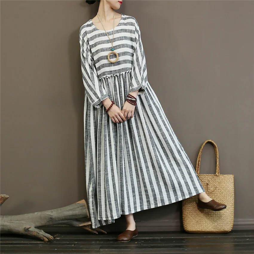 Женский халат в полоску хлопковый льняной с высокой талией Осенний новый
