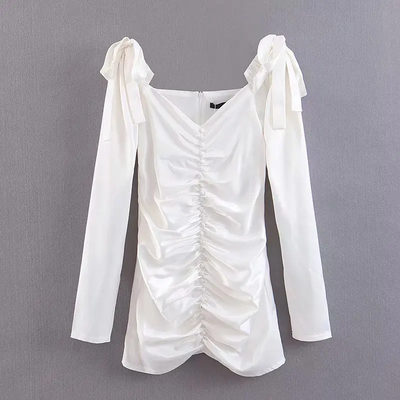 Летние Длинные рукава с открытыми плечами Кнопка ruched bodycon платье элегантные